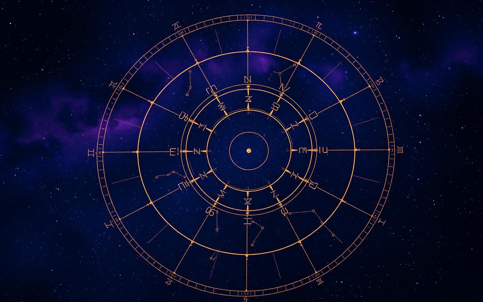 Złote koło zodiaku na granatowym nocnym niebie
